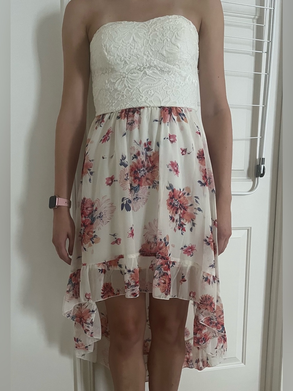 AUW Cream Strapless Hi-Low Dress with Pink Floral Pattern Women’s M